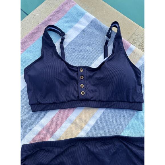 NWOT, Brand Unknown, Navy Ribbed High-wasted Bikini Set, Sz L - Picture 2 of 11